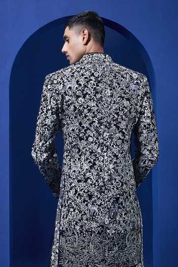 Shop_Sarab Khanijou_Navy Velvet Embroidery, Floral Vine Pattern Sherwani Jacket And Trouser Set _at_Aza_Fashions