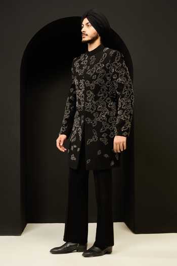 Buy_Sarab Khanijou_Black Sequins, Pearls, Cut Work Embellished Sherwani Jacket And Trouser Set _at_Aza_Fashions