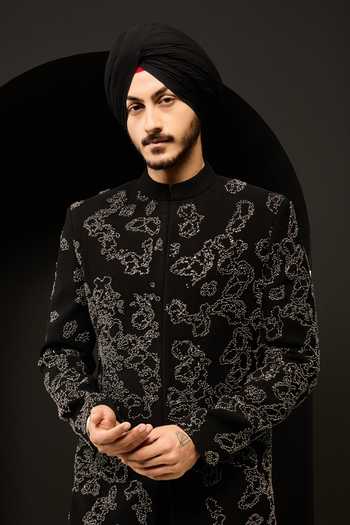 Sarab Khanijou_Black Sequins, Pearls, Cut Work Embellished Sherwani Jacket And Trouser Set _Online_at_Aza_Fashions