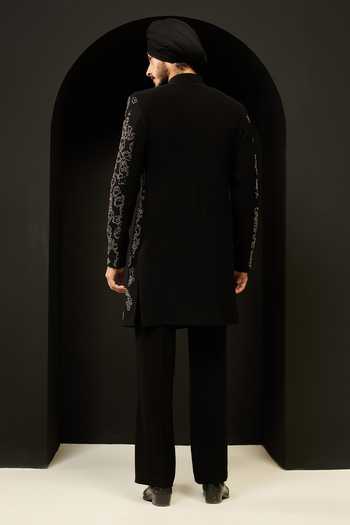 Shop_Sarab Khanijou_Black Sequins, Pearls, Cut Work Embellished Sherwani Jacket And Trouser Set _at_Aza_Fashions