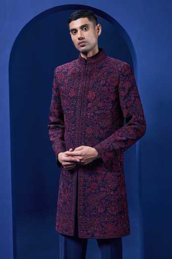 Buy_Sarab Khanijou_Navy Sequins, Pearls Embroidered Sherwani And Trouser Set _at_Aza_Fashions