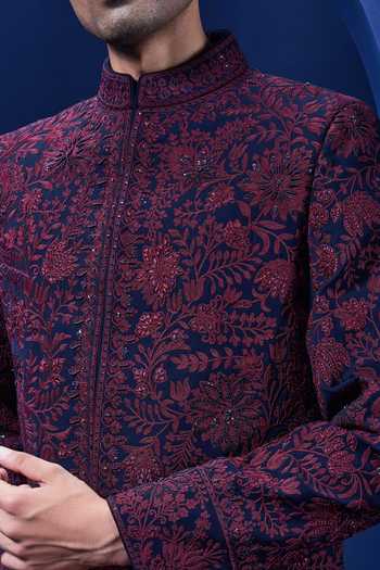 Buy_Sarab Khanijou_Navy Sequins, Pearls Embroidered Sherwani And Trouser Set _Online_at_Aza_Fashions