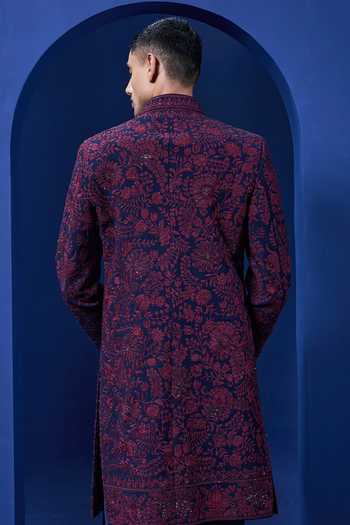 Shop_Sarab Khanijou_Navy Sequins, Pearls Embroidered Sherwani And Trouser Set _at_Aza_Fashions