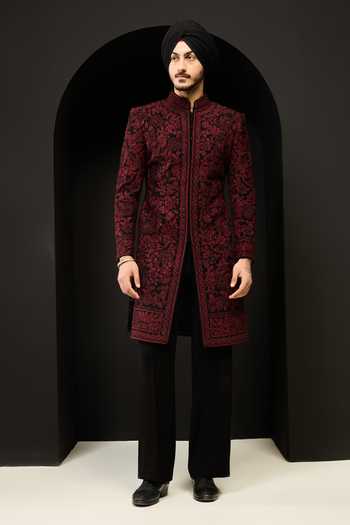 Buy_Sarab Khanijou_Black Sequins, Pearls Embroidered Sherwani And Trouser Set _at_Aza_Fashions