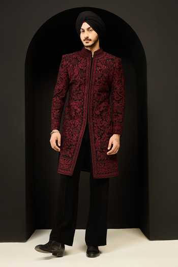 Buy_Sarab Khanijou_Black Sequins, Pearls Embroidered Sherwani And Trouser Set _Online_at_Aza_Fashions