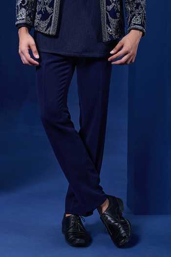 Sarab Khanijou_Navy Velvet Embroidery, Sequins, Pearls, Zari Bandhgala Set _Online_at_Aza_Fashions