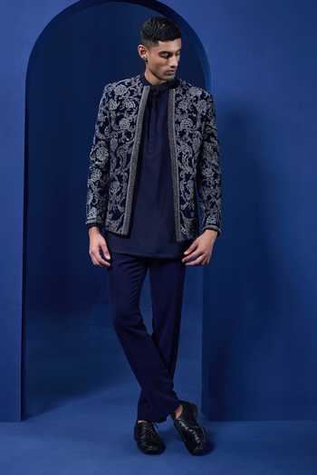 Buy_Sarab Khanijou_Navy Velvet Embroidery, Sequins, Pearls, Zari Bandhgala Set _at_Aza_Fashions