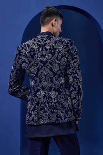 Shop_Sarab Khanijou_Navy Velvet Embroidery, Sequins, Pearls, Zari Bandhgala Set _at_Aza_Fashions