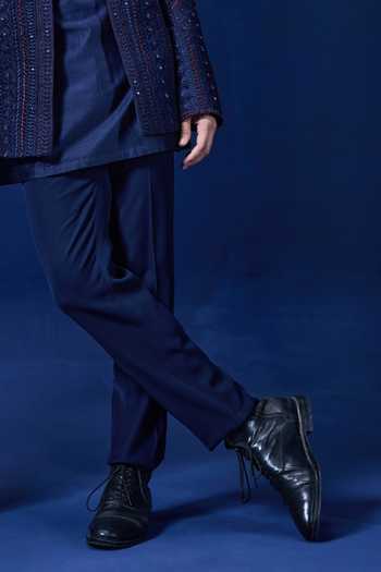 Sarab Khanijou_Navy Organza Embroidery, Sequins, Pearls Embellished Bandhgala Trouser Set _Online_at_Aza_Fashions