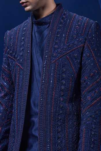 Buy_Sarab Khanijou_Navy Organza Embroidery, Sequins, Pearls Embellished Bandhgala Trouser Set _Online_at_Aza_Fashions