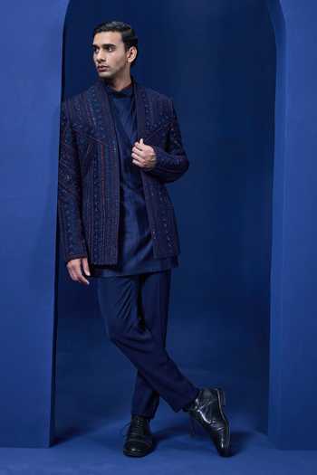 Shop_Sarab Khanijou_Navy Organza Embroidery, Sequins, Pearls Embellished Bandhgala Trouser Set _Online_at_Aza_Fashions