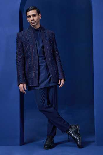 Buy_Sarab Khanijou_Navy Organza Embroidery, Sequins, Pearls Embellished Bandhgala Trouser Set _at_Aza_Fashions