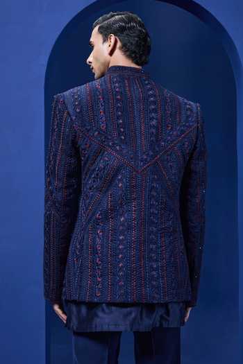 Shop_Sarab Khanijou_Navy Organza Embroidery, Sequins, Pearls Embellished Bandhgala Trouser Set _at_Aza_Fashions