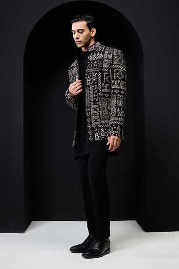 Buy_Sarab Khanijou_Black Embroidery, Sequins, Pearls Geometric Pattern Bandhgala Set _Online_at_Aza_Fashions