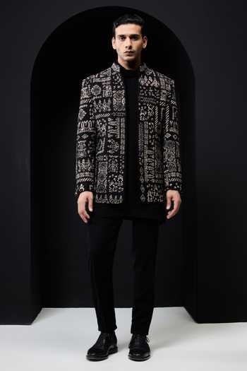 Buy_Sarab Khanijou_Black Embroidery, Sequins, Pearls Geometric Pattern Bandhgala Set _at_Aza_Fashions
