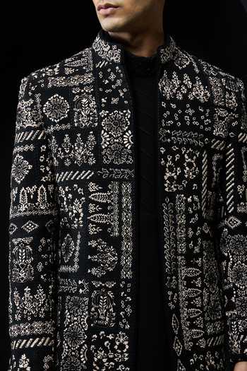 Shop_Sarab Khanijou_Black Embroidery, Sequins, Pearls Geometric Pattern Bandhgala Set _Online_at_Aza_Fashions