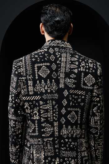 Shop_Sarab Khanijou_Black Embroidery, Sequins, Pearls Geometric Pattern Bandhgala Set _at_Aza_Fashions