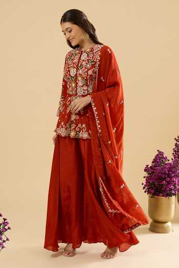 Samyukta Singhania Orange Silk Embroidery Round Neck, Yes Peplum Kurta Set Online at Aza Fashions Samyukta Singhania_Orange Silk Embroidery Round Neck, Yes Peplum Kurta Set_Online_at_Aza_Fashions