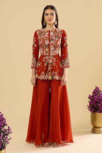 Samyukta Singhania Orange Silk Embroidery Round Neck, Yes Peplum Kurta Set at Aza Fashions Samyukta Singhania_Orange Silk Embroidery Round Neck, Yes Peplum Kurta Set_at_Aza_Fashions