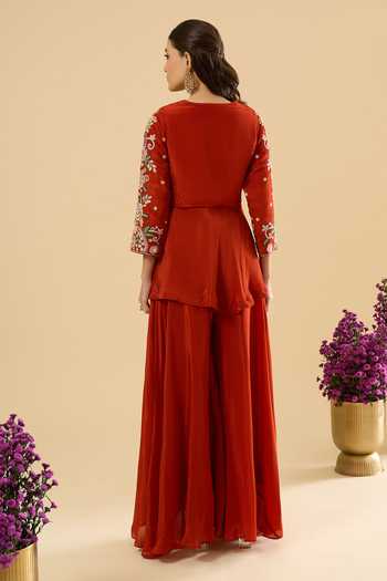 Shop Samyukta Singhania Orange Silk Embroidery Round Neck, Yes Peplum Kurta Set at Aza Fashions Shop_Samyukta Singhania_Orange Silk Embroidery Round Neck, Yes Peplum Kurta Set_at_Aza_Fashions