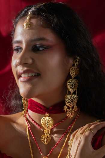 Shop_Manner_Gold Plated Cut Work, Chains Rakaan Long Earrings  _at_Aza_Fashions