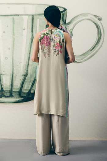 Shop_Paulmi And Harsh_Ivory Silk, Organza Embroidery High Neck Shiro Floral Print And Kurta Set _at_Aza_Fashions
