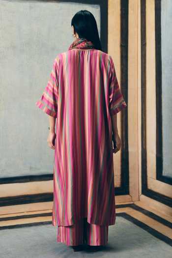 Shop_Paulmi And Harsh_Pink Silk, Modal, Organza Embroidery Keyhole Neck Ayaka Striped Kurta Pant Set _at_Aza_Fashions