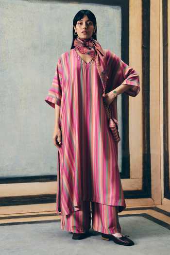 Buy_Paulmi And Harsh_Pink Silk, Modal, Organza Embroidery Keyhole Neck Ayaka Striped Kurta Pant Set 