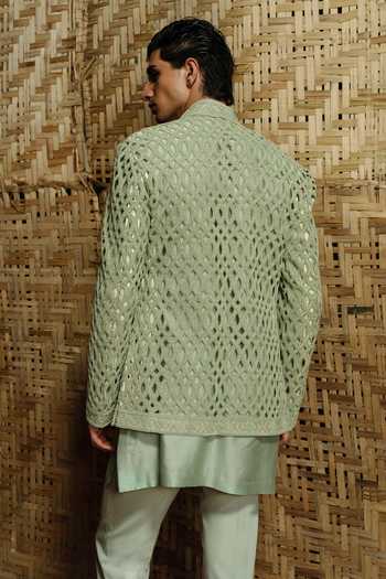Shop_Amaare_Green Silk, Chanderi, Wool Embroidery, Beads, Katt Vadd Glass Bandhgala Set _at_Aza_Fashions