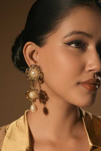 Shop_Bijoux By Priya Chandna_White Pearls, Crystals Noor Cascade Embellished Earrings _at_Aza_Fashions