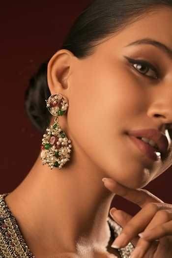 Shop_Bijoux By Priya Chandna_Multi Color Pearls, Crystals Mosaic Garden Embellished Earrings _at_Aza_Fashions