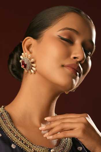 Shop_Bijoux By Priya Chandna_Red Pearls, Crystals Ruby Bloom Embellished Earrings _at_Aza_Fashions