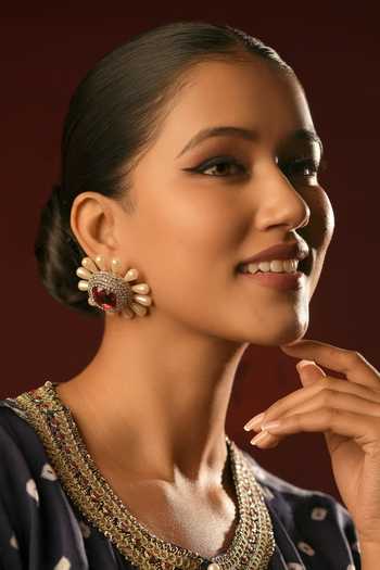 Buy_Bijoux By Priya Chandna_Red Pearls, Crystals Ruby Bloom Embellished Earrings _at_Aza_Fashions