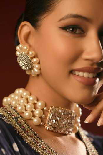 Bijoux By Priya Chandna_Gold Plated Pearls, Crystals Bloom Embellished Earrings _Online_at_Aza_Fashions