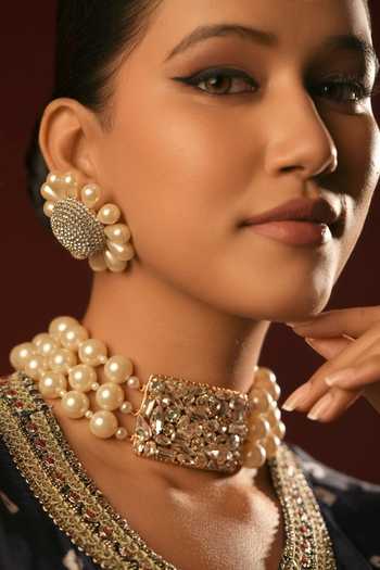 Shop_Bijoux By Priya Chandna_Gold Plated Pearls, Crystals Bloom Embellished Earrings _at_Aza_Fashions