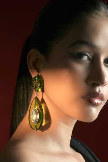 Buy_Bijoux By Priya Chandna_Green Crystals Leaf Embellished Drop Earrings _at_Aza_Fashions