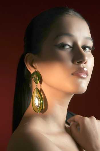 Shop_Bijoux By Priya Chandna_Green Crystals Leaf Embellished Drop Earrings _at_Aza_Fashions