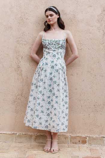 Buy_Shruti Sancheti_Blue Chanderi Embroidery, Lace Square Neck And Printed Midi Dress _at_Aza_Fashions