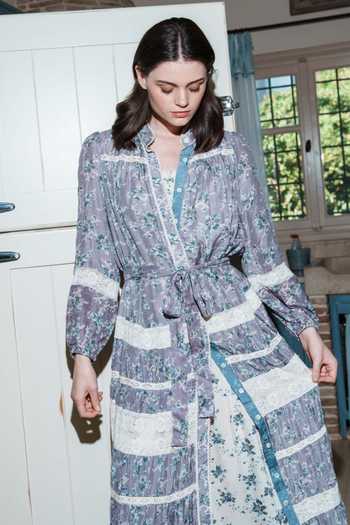 Shop_Shruti Sancheti_Purple Rayon Lace Collared Printed Dress With Belt _at_Aza_Fashions
