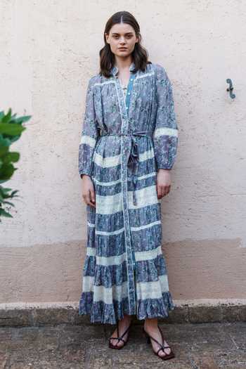 Buy_Shruti Sancheti_Purple Rayon Lace Collared Printed Dress With Belt _at_Aza_Fashions