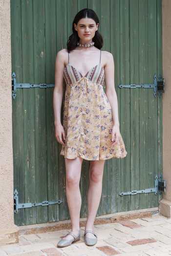 Buy_Shruti Sancheti_Beige Satin Embroidery Sweetheart Neck And Printed Dress _at_Aza_Fashions