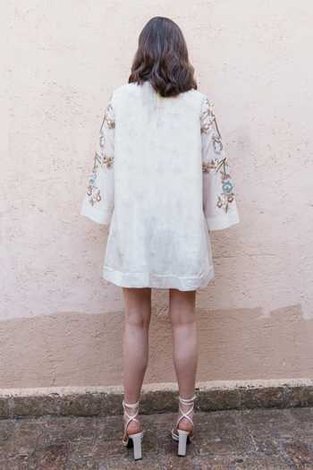 Shop_Shruti Sancheti_White Chanderi Embroidery, Applique Split V-neck Dress _at_Aza_Fashions