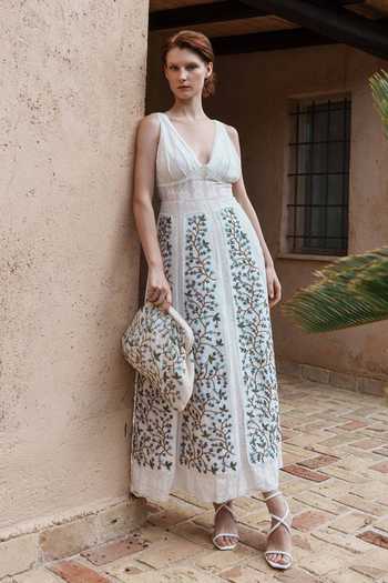Buy_Shruti Sancheti_White Lace Embroidery Plunge Neck Floral Dress _at_Aza_Fashions