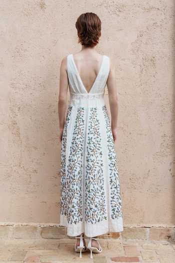 Shop_Shruti Sancheti_White Lace Embroidery Plunge Neck Floral Dress _at_Aza_Fashions