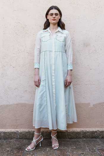 Buy_Shruti Sancheti_Blue Chanderi, Satin Embroidery Collared Shirt Dress _at_Aza_Fashions