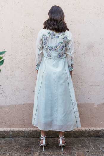 Shop_Shruti Sancheti_Blue Chanderi, Satin Embroidery Collared Shirt Dress _at_Aza_Fashions
