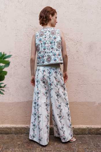 Shop_Shruti Sancheti_White Viscose Embroidery, Tassels Round Neck Waistcoat And Pant Set _at_Aza_Fashions