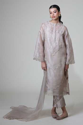 Shop_Bunka_Grey Organza Embroidery Round Neck, Yes Saira Kurta Set _at_Aza_Fashions