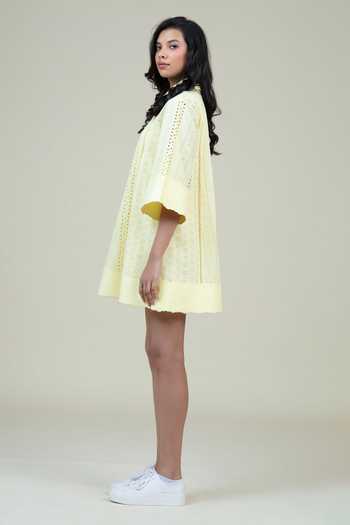 Bunka_Yellow Cotton Cut Work Collared Dina Eyelet Dress _Online_at_Aza_Fashions