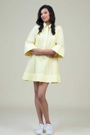 Buy_Bunka_Yellow Cotton Cut Work Collared Dina Eyelet Dress _at_Aza_Fashions